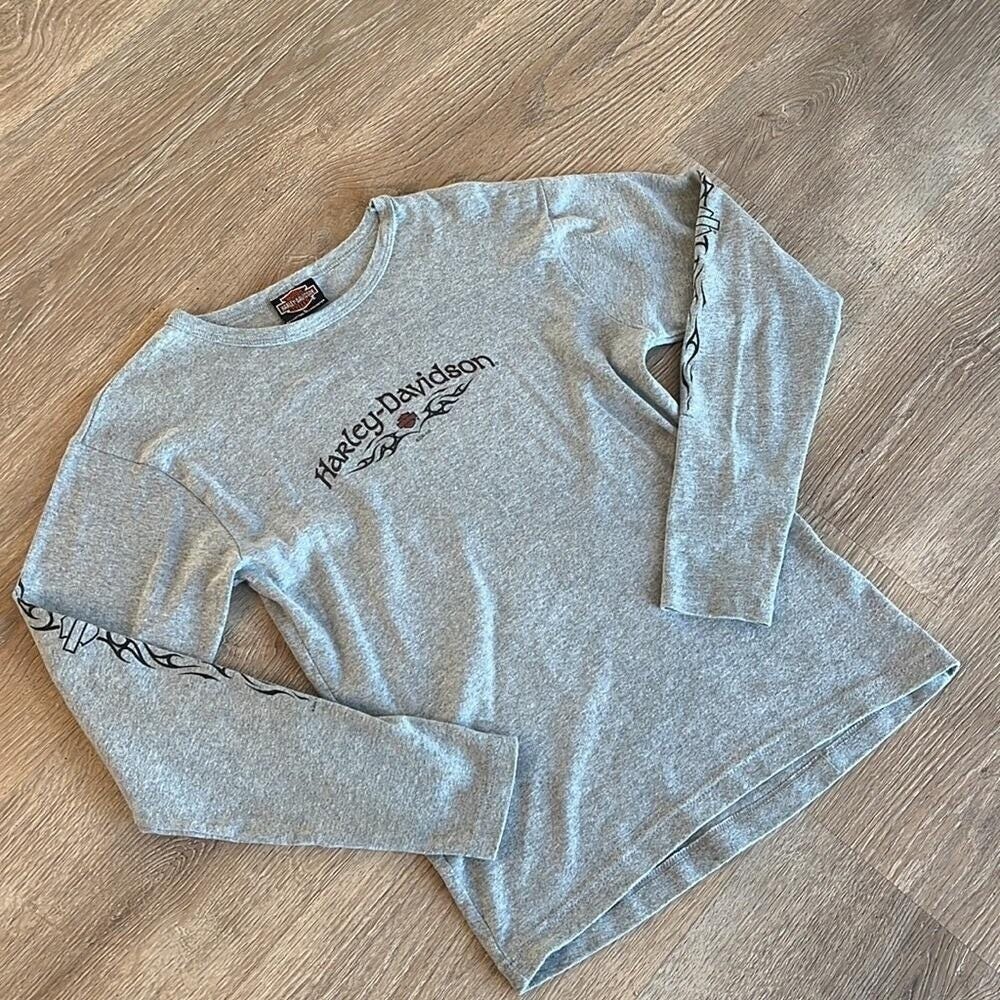 Vintage 90s Harley Davidson Roswell NM Long Sleeve Tee Womens‎ Large Gray Fitted
